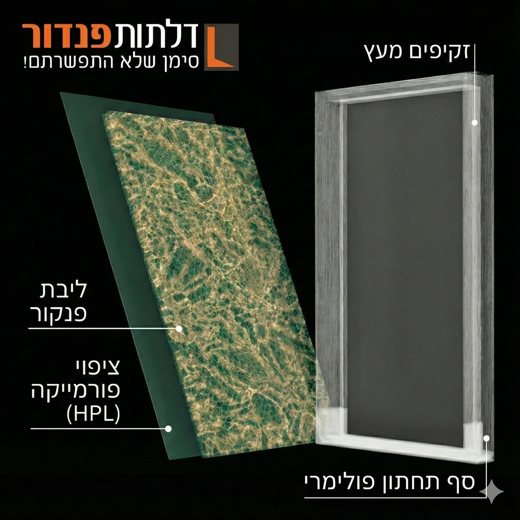 תמונה של דלת פנים מפורקת למרכיביה השונים עם לוגו של פנדור