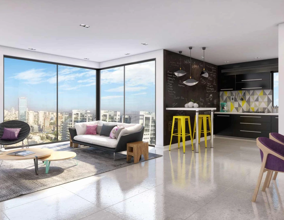 הדמיה של מטבח וסלון בדירת יוקרה