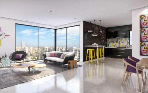 הדמיה של מטבח וסלון בדירת יוקרה