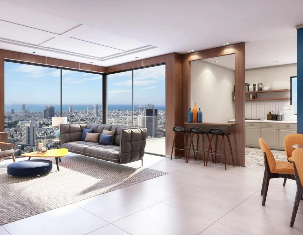 הדמיה של סלון ומטבח בדירת יוקרה