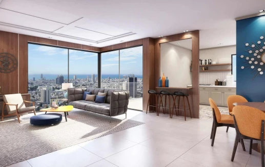 הדמיה של סלון ומטבח בדירת יוקרה