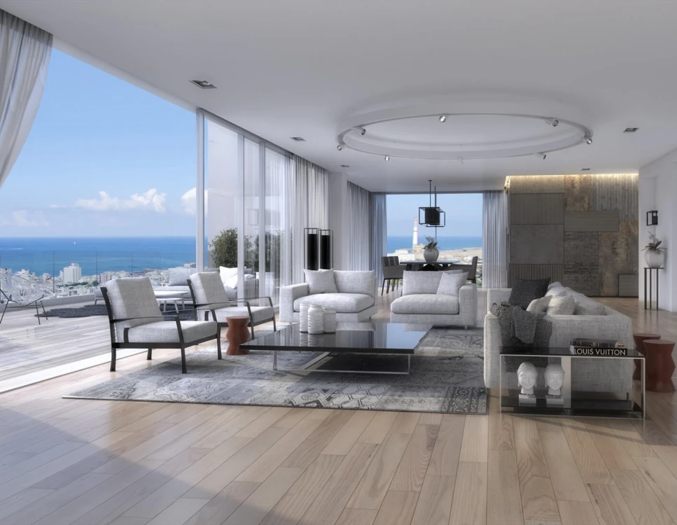 סלון בדירת יוקרה עם נוף לים