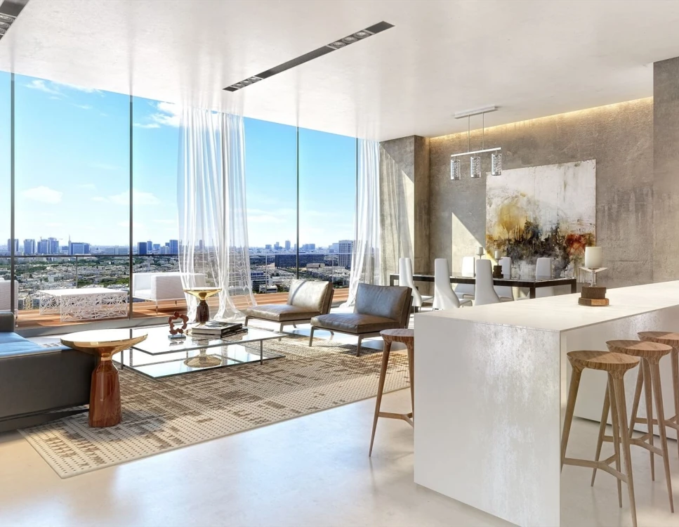 מטבח וסלון בדירת יוקרה עם נוף לים