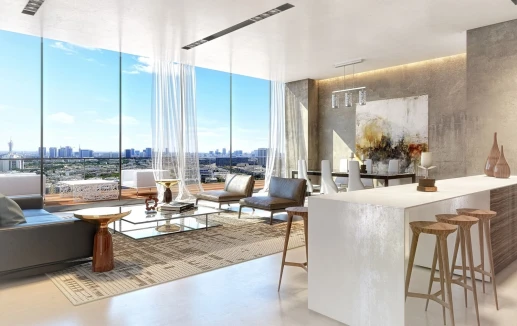 מטבח וסלון בדירת יוקרה עם נוף לים