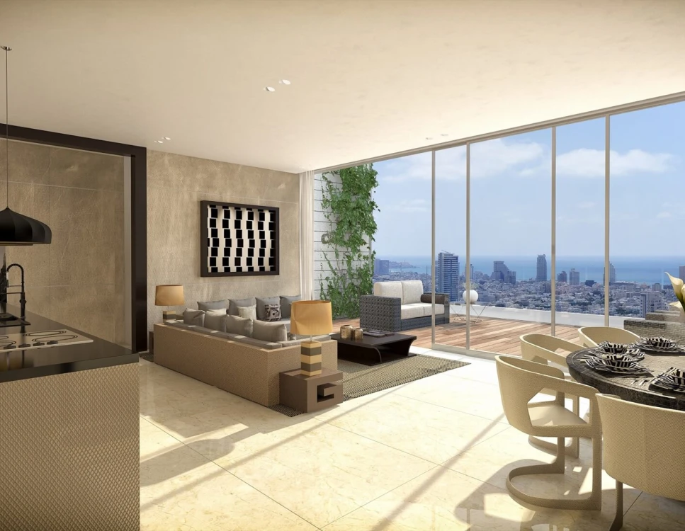 הדמיה של סלון ופינת אוכל עם נוף לים