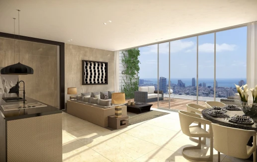 הדמיה של סלון ופינת אוכל עם נוף לים