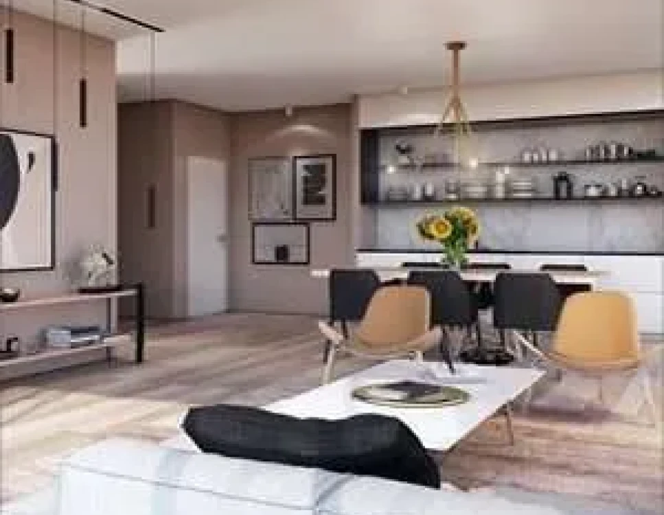 הדמיה של מטבח וסלון בדירת יוקרה