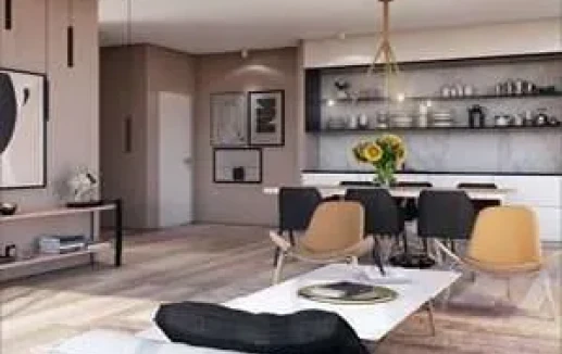 הדמיה של מטבח וסלון בדירת יוקרה