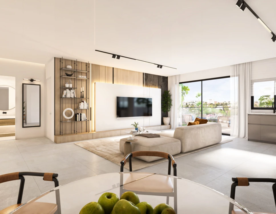 פינת אוכל וסלון בהירים בדירת יוקרה