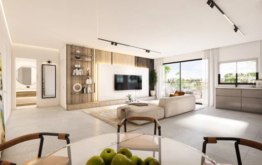 פינת אוכל וסלון בהירים בדירת יוקרה