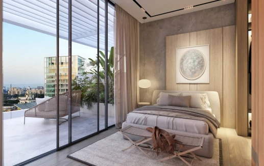 חדר שינה עם מרפסת בבניין יוקרה
