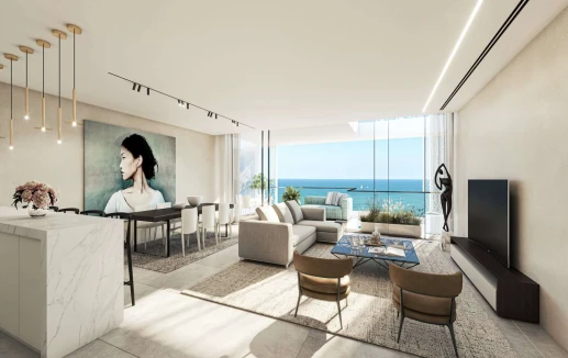 חלל מגורים בדירת יוקרה עם נוף לים