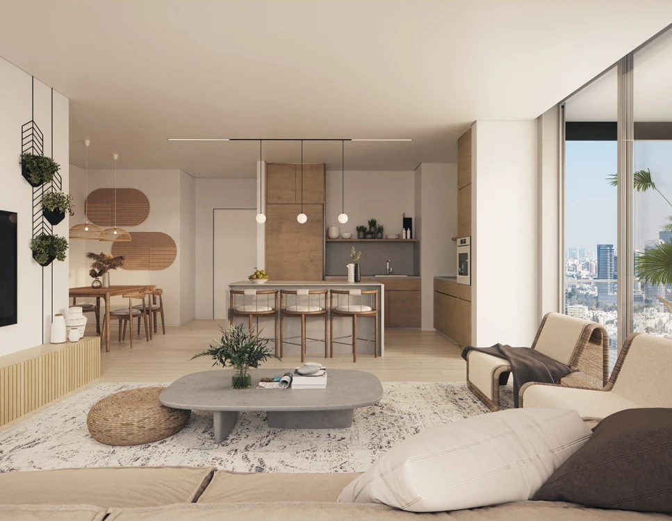 סלון, פינת אוכל ומטבח בדירת יוקרה