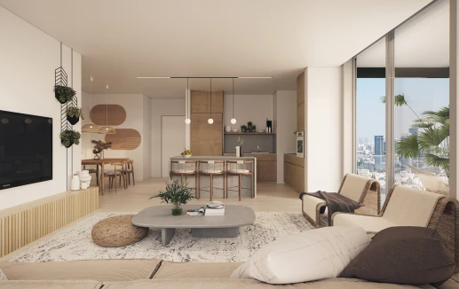 סלון, פינת אוכל ומטבח בדירת יוקרה