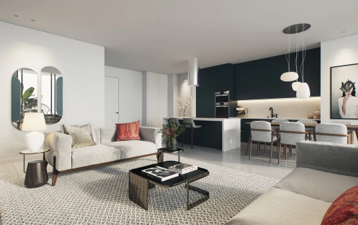 סלון בהיר, פינת אוכל ומטבח כהה בדירת יוקרה